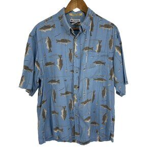 Columbia River Lodge Fish Blue Fishing Sportswear Button Down Shirt Size L